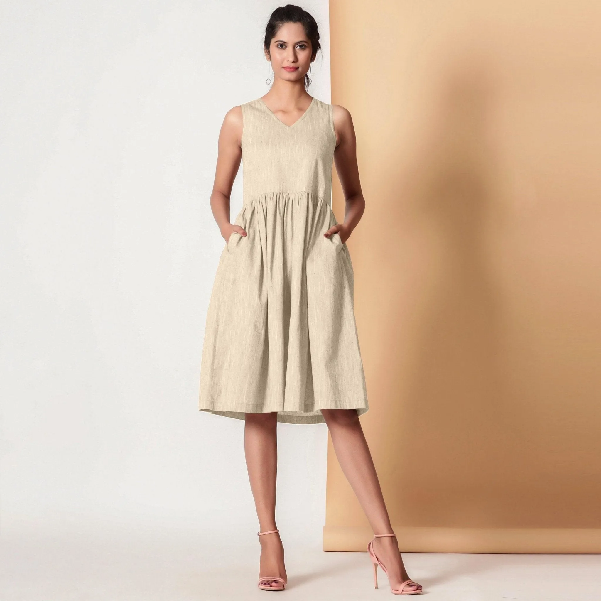 Sand Beige 100% Cotton V-Neck Yoked Midi Dress