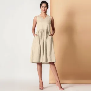 Sand Beige 100% Cotton V-Neck Yoked Midi Dress