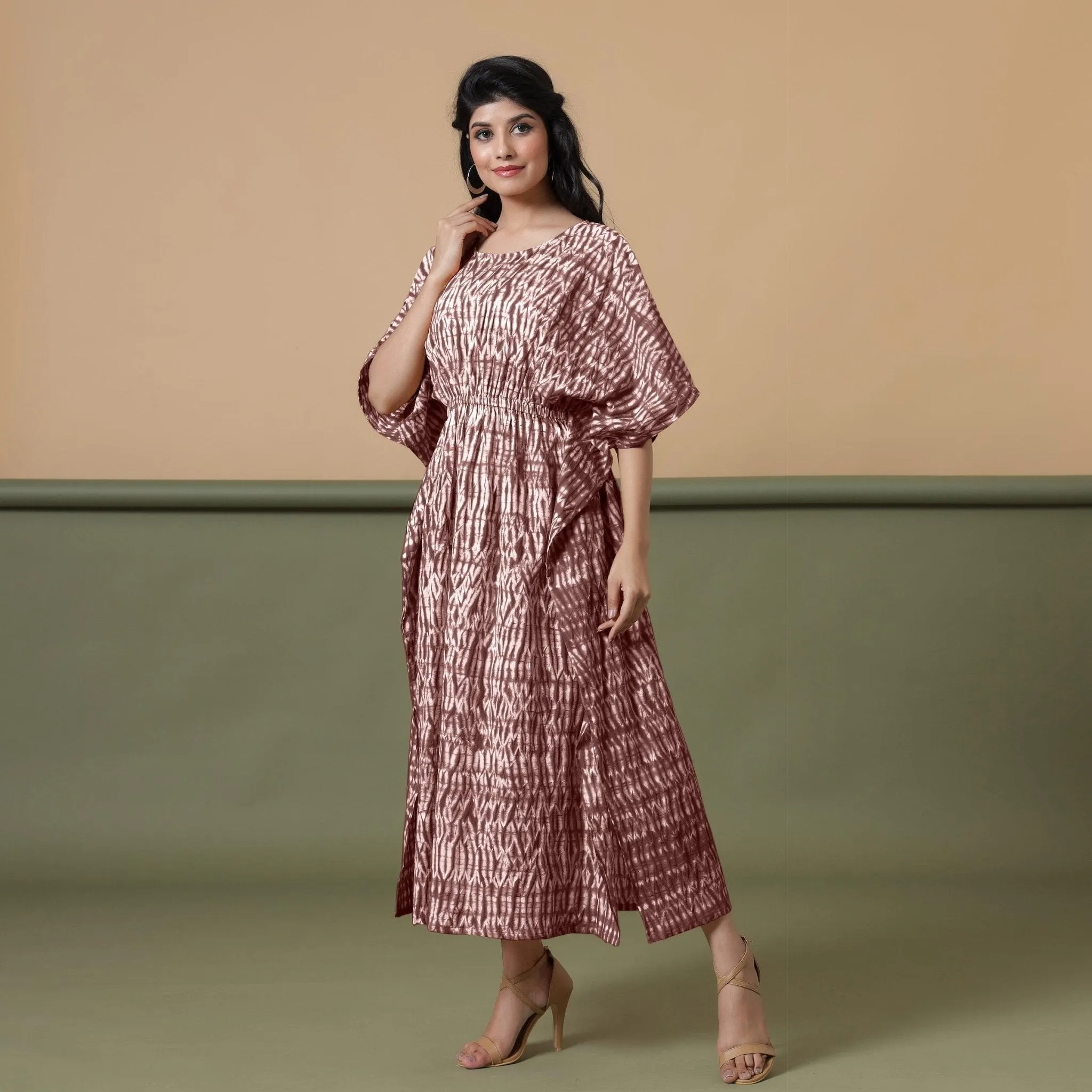 Sangria Wine Shibori Tie-Dye Cotton Maxi Kaftan Dress