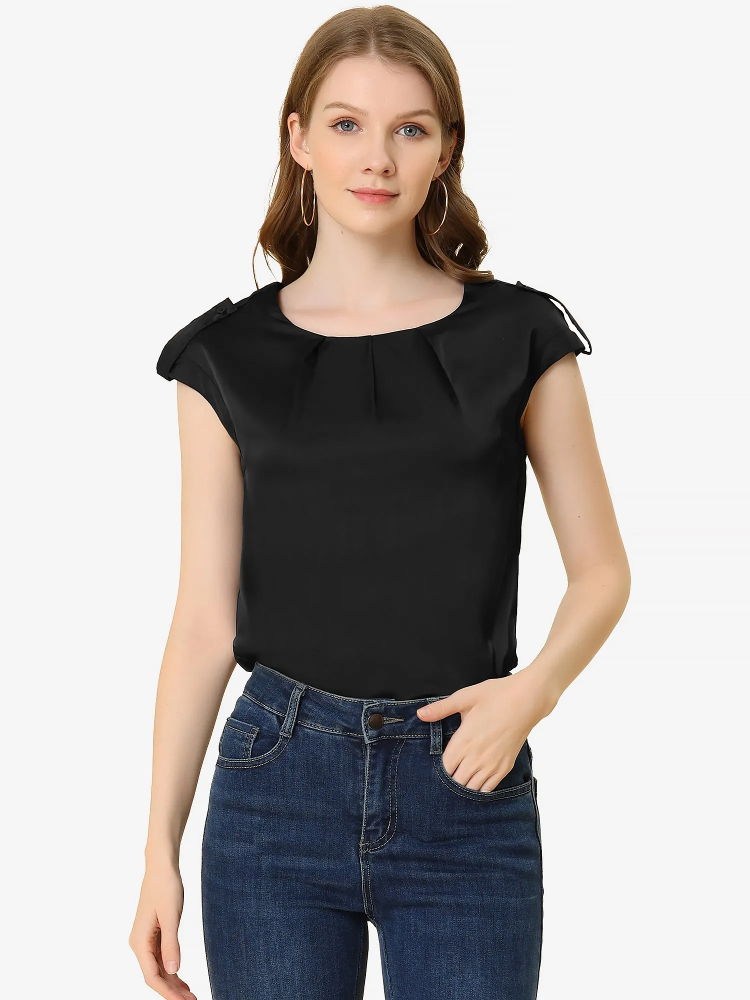Satin Cap Sleeve Top Pleated Casual Work Office Blouse