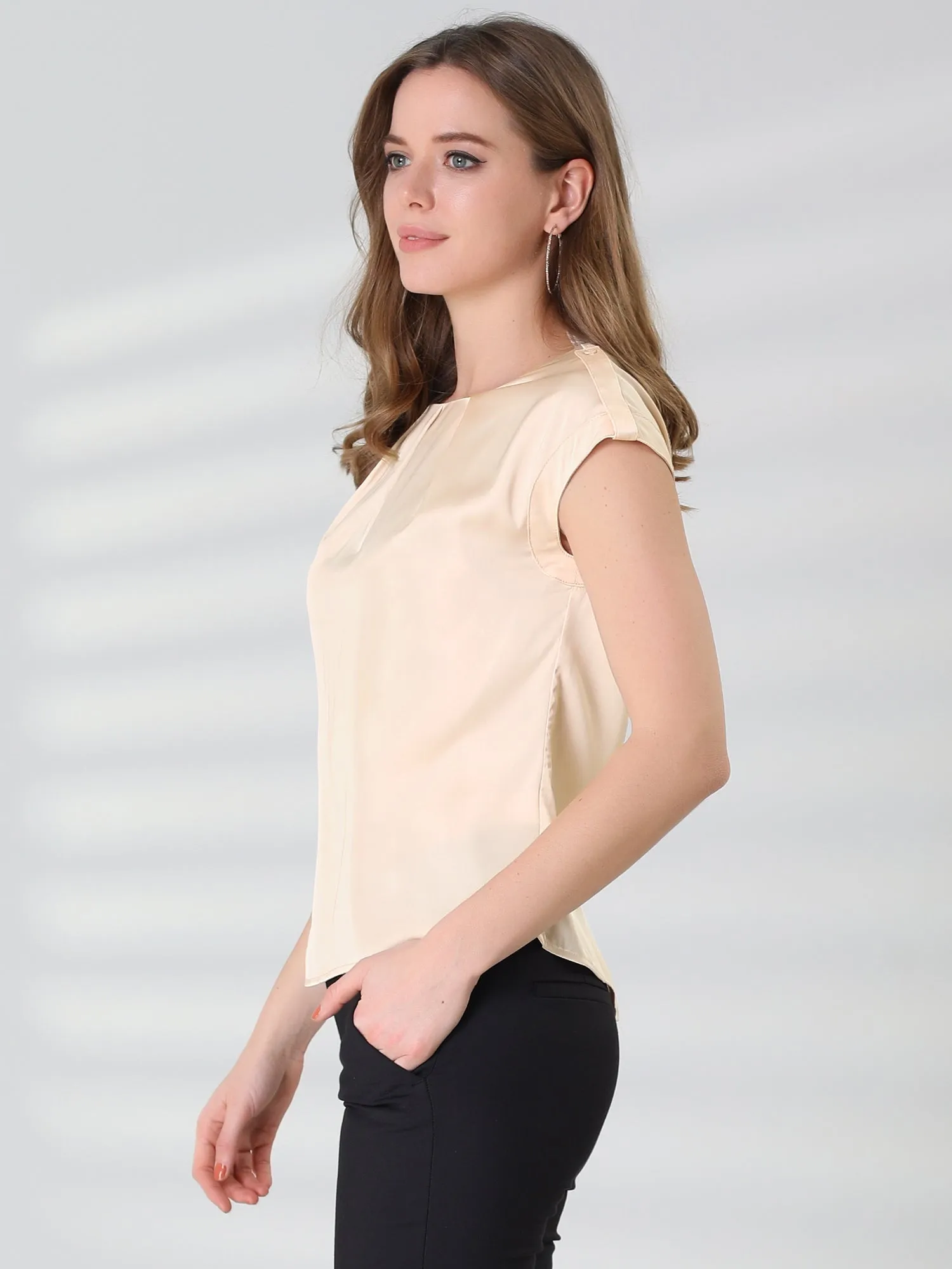 Satin Cap Sleeve Top Pleated Casual Work Office Blouse