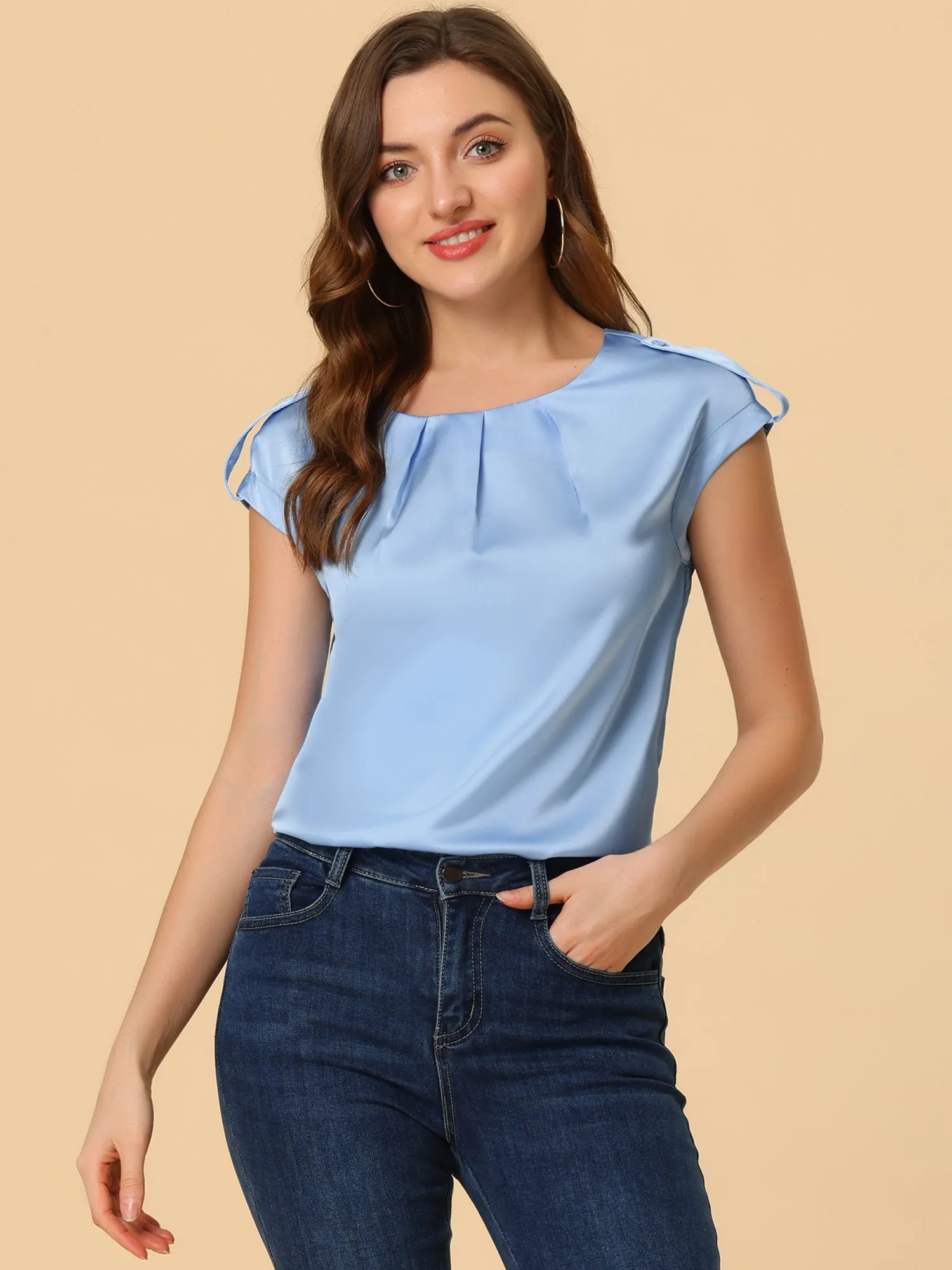 Satin Cap Sleeve Top Pleated Casual Work Office Blouse