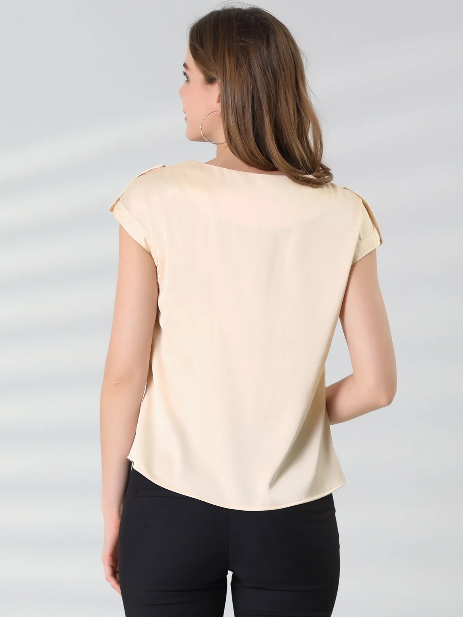 Satin Cap Sleeve Top Pleated Casual Work Office Blouse