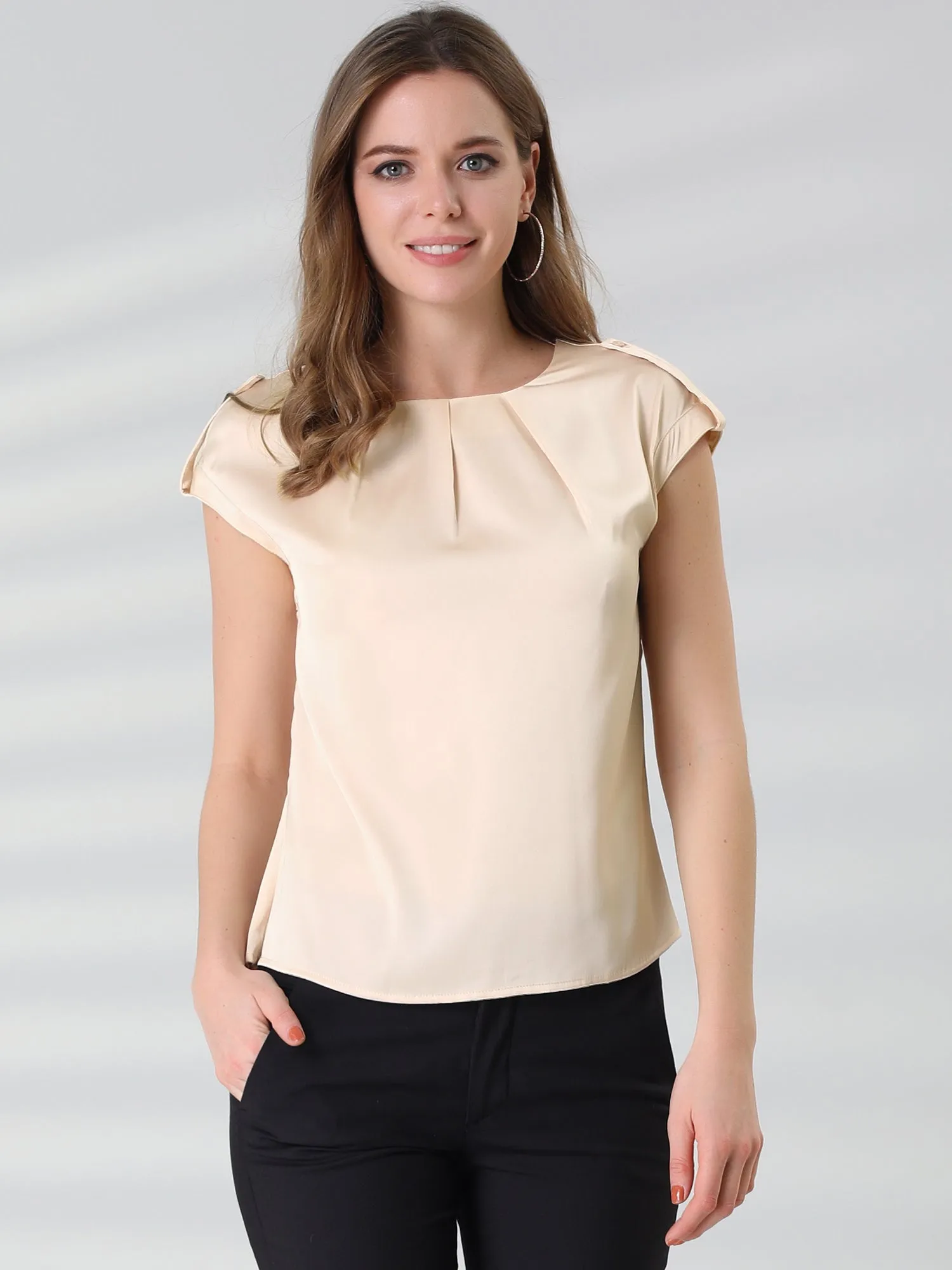 Satin Cap Sleeve Top Pleated Casual Work Office Blouse