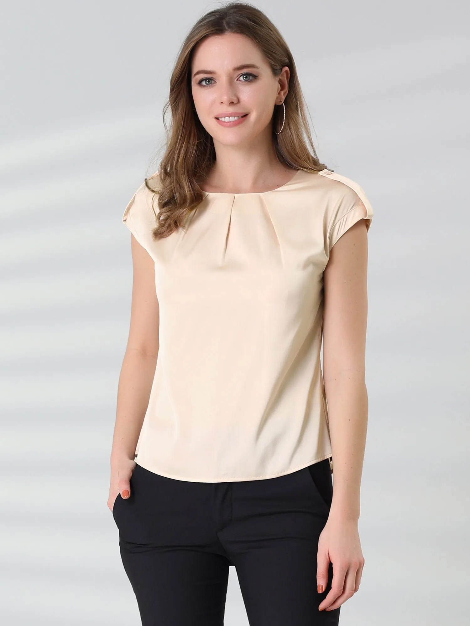 Satin Cap Sleeve Top Pleated Casual Work Office Blouse