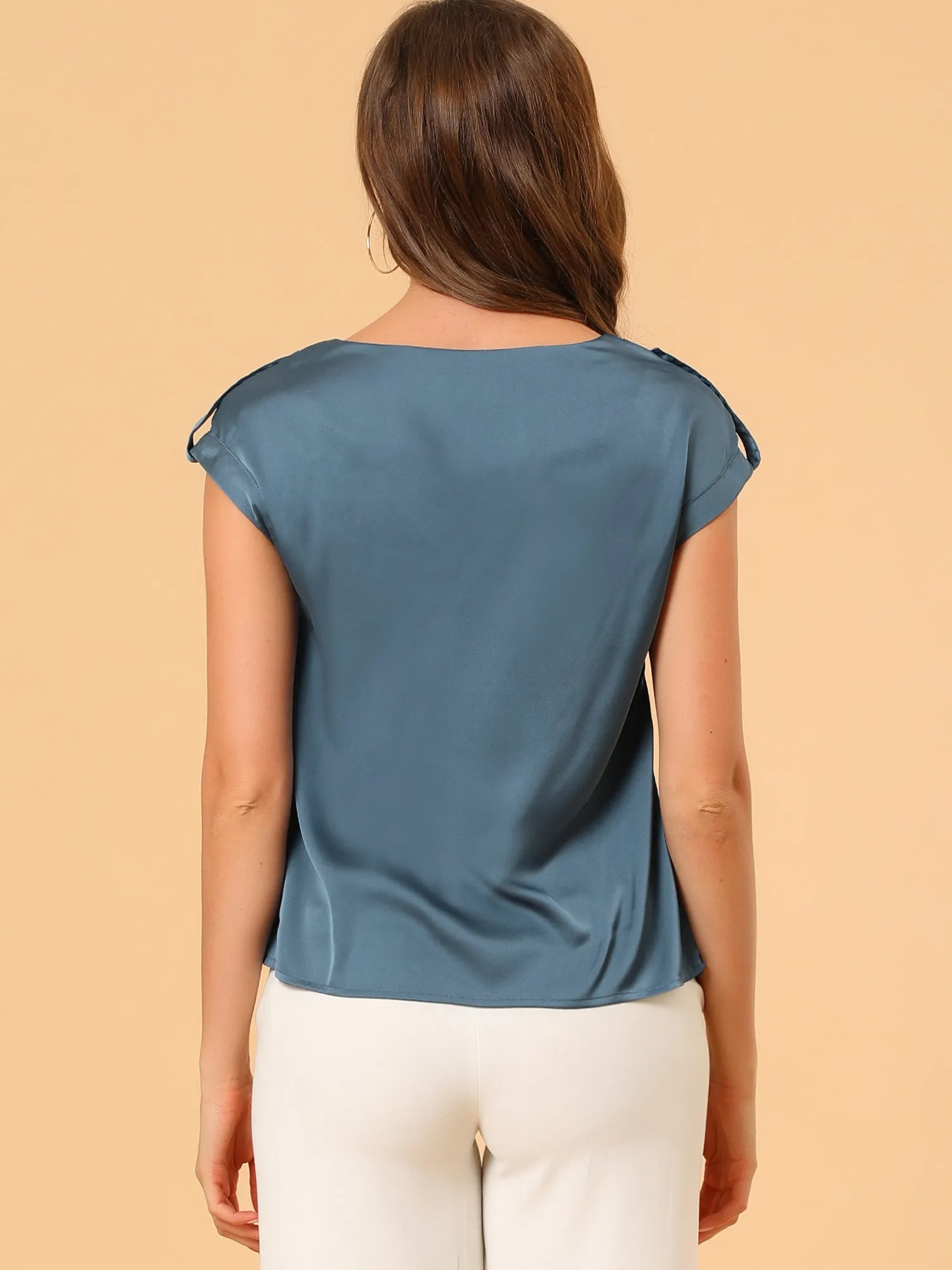 Satin Cap Sleeve Top Pleated Casual Work Office Blouse