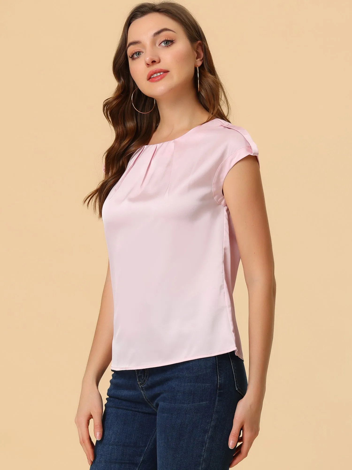 Satin Cap Sleeve Top Pleated Casual Work Office Blouse