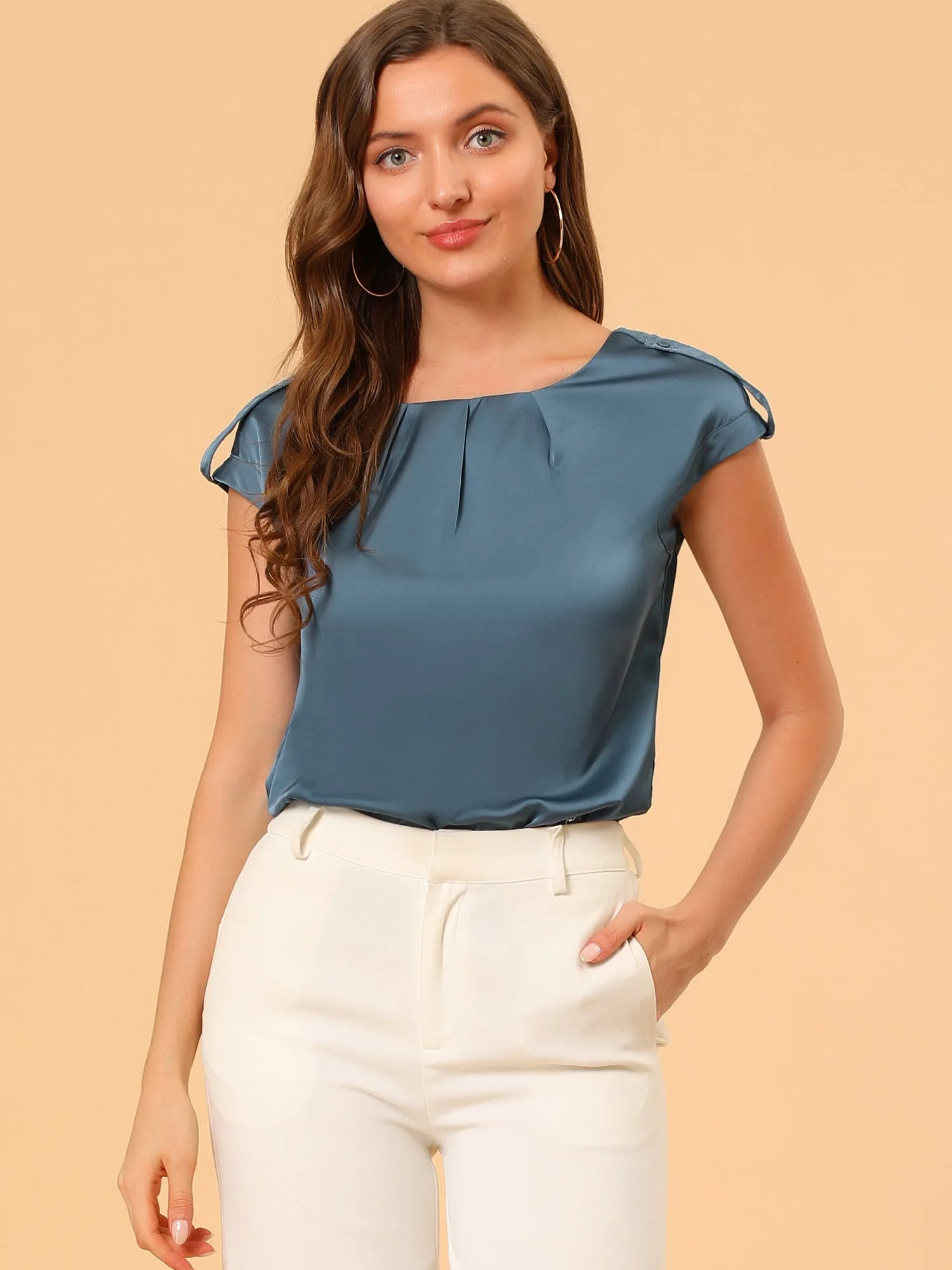Satin Cap Sleeve Top Pleated Casual Work Office Blouse
