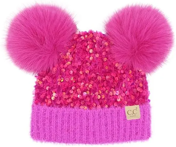 ScarvesMe Baby Infant Winter Warm Soft Sequin Fur Pom Pom Beanie Hat