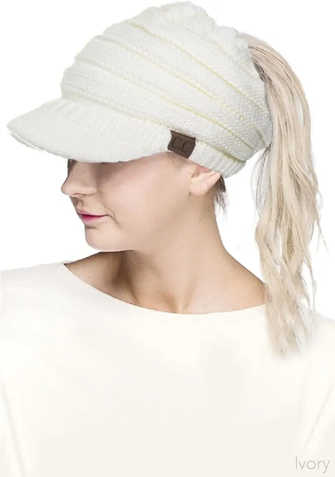 ScarvesMe Brim BeanieTail Ponytail Messy Bun Solid Ribbed Beanie Hat Sun Cap