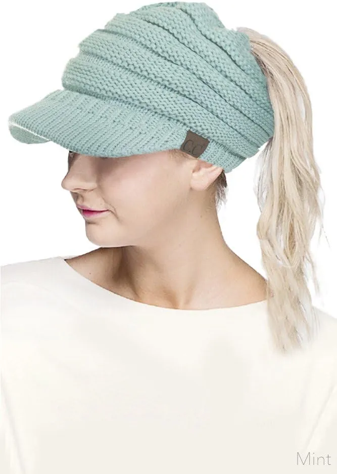 ScarvesMe Brim BeanieTail Ponytail Messy Bun Solid Ribbed Beanie Hat Sun Cap