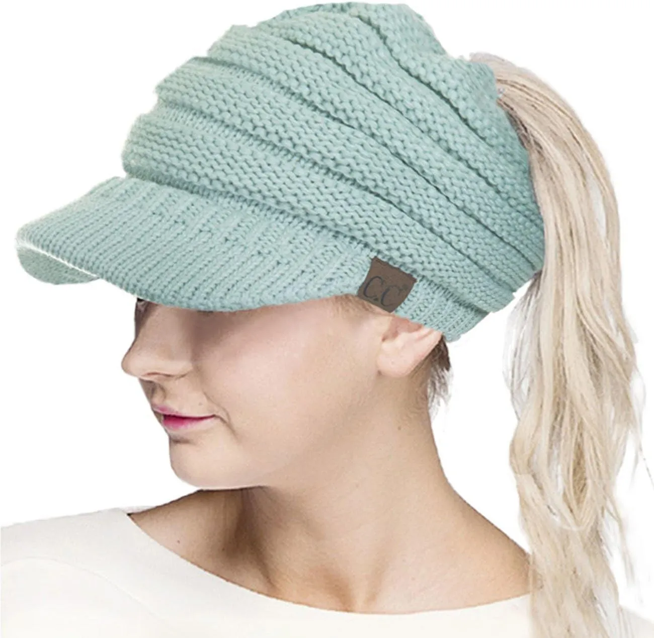 ScarvesMe Brim BeanieTail Ponytail Messy Bun Solid Ribbed Beanie Hat Sun Cap