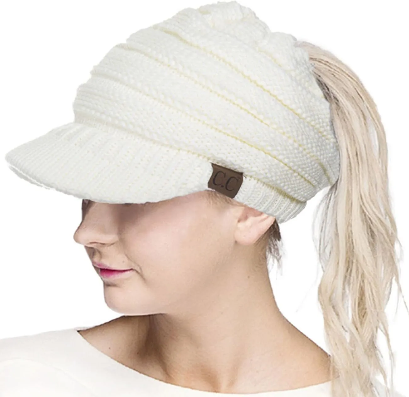 ScarvesMe Brim BeanieTail Ponytail Messy Bun Solid Ribbed Beanie Hat Sun Cap