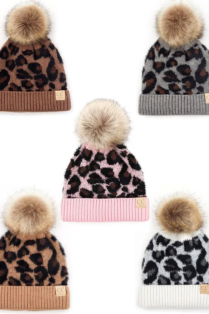 ScarvesMe Exclusive Kids Leopard Animal Knit Warm Winter Beanie Skull Cap Hat with Pom