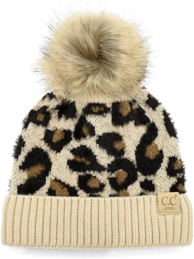 ScarvesMe Exclusive Kids Leopard Animal Knit Warm Winter Beanie Skull Cap Hat with Pom