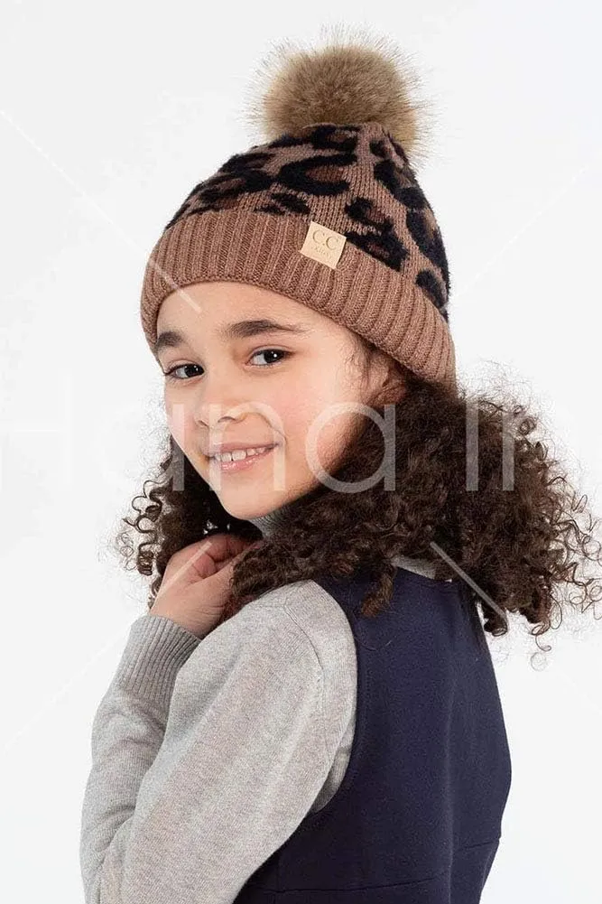 ScarvesMe Exclusive Kids Leopard Animal Knit Warm Winter Beanie Skull Cap Hat with Pom