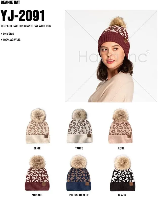 ScarvesMe Soft Winter Warm Leopard Pattern Knit Cuff Beanie with Pom