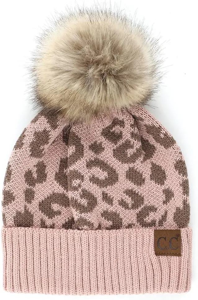 ScarvesMe Soft Winter Warm Leopard Pattern Knit Cuff Beanie with Pom