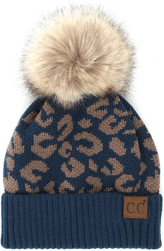 ScarvesMe Soft Winter Warm Leopard Pattern Knit Cuff Beanie with Pom