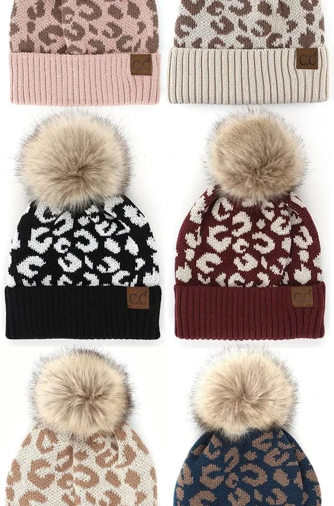 ScarvesMe Soft Winter Warm Leopard Pattern Knit Cuff Beanie with Pom