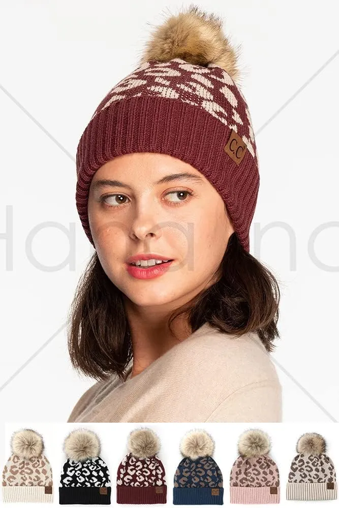 ScarvesMe Soft Winter Warm Leopard Pattern Knit Cuff Beanie with Pom