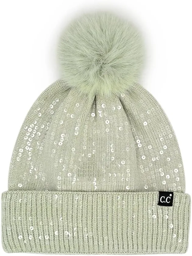 ScarvesMe Women Winter Soft Knit All Over Shiny Star Sequin Beanie Hat with Fur Pom