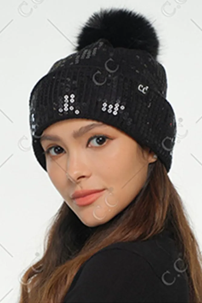 ScarvesMe Women Winter Soft Knit All Over Shiny Star Sequin Beanie Hat with Fur Pom