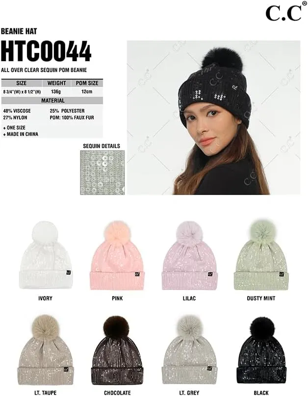 ScarvesMe Women Winter Soft Knit All Over Shiny Star Sequin Beanie Hat with Fur Pom