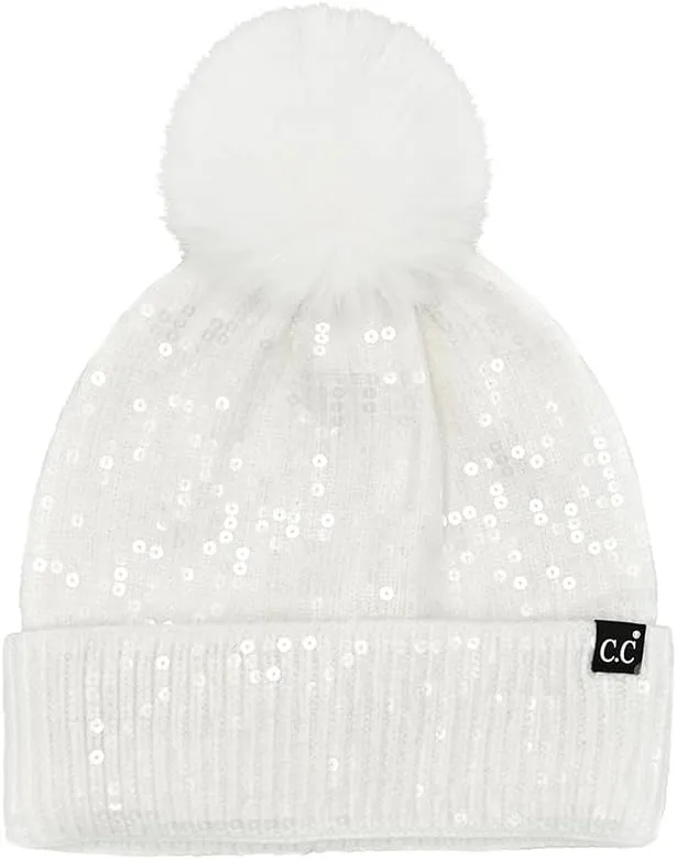 ScarvesMe Women Winter Soft Knit All Over Shiny Star Sequin Beanie Hat with Fur Pom