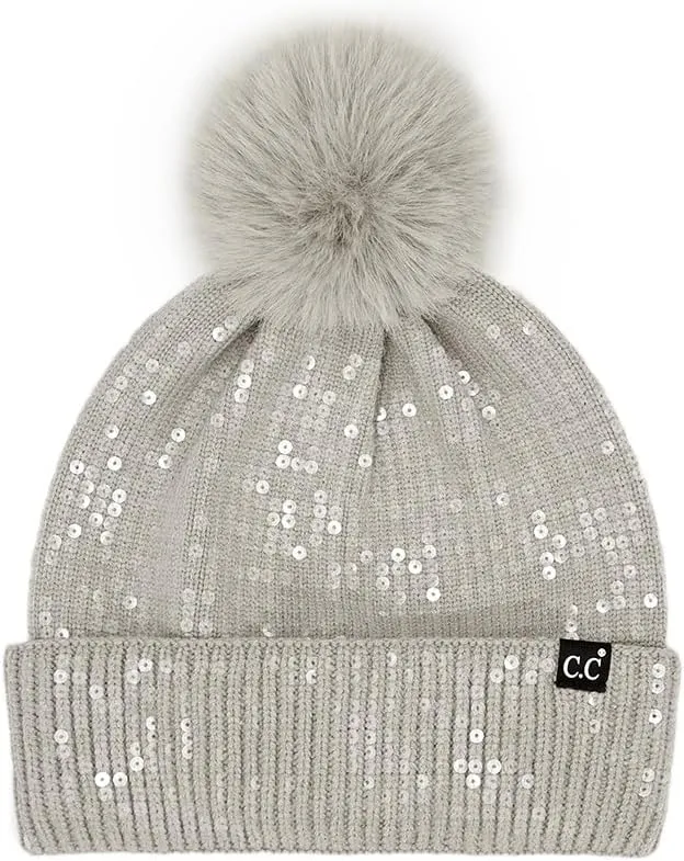ScarvesMe Women Winter Soft Knit All Over Shiny Star Sequin Beanie Hat with Fur Pom