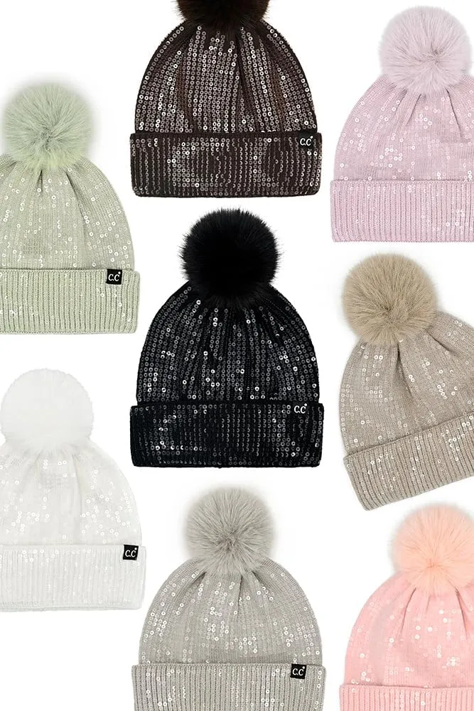 ScarvesMe Women Winter Soft Knit All Over Shiny Star Sequin Beanie Hat with Fur Pom