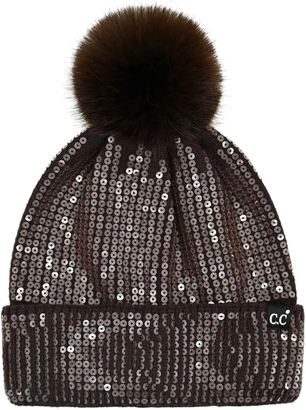 ScarvesMe Women Winter Soft Knit All Over Shiny Star Sequin Beanie Hat with Fur Pom