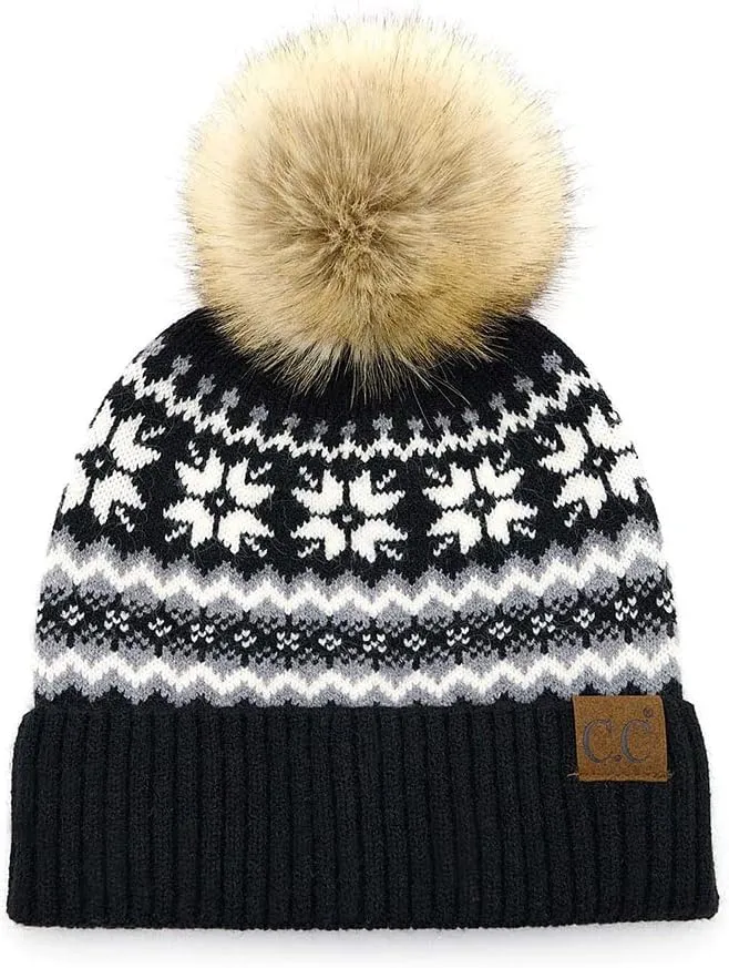 ScarvesMe Women's Winter Thick Soft Nordic Fair Isle Pom Beanie Hat