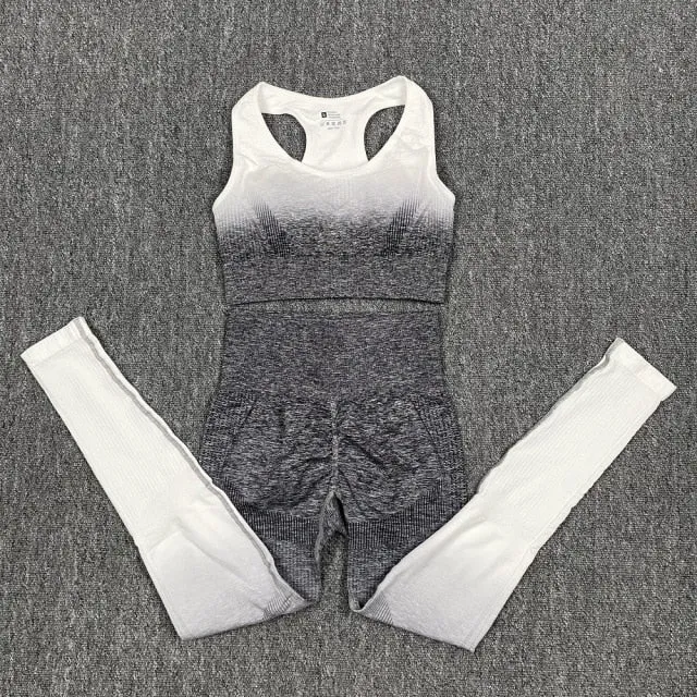 Seamless Grey and White Ombre Padded Sports Bra and Leggings Gym Set