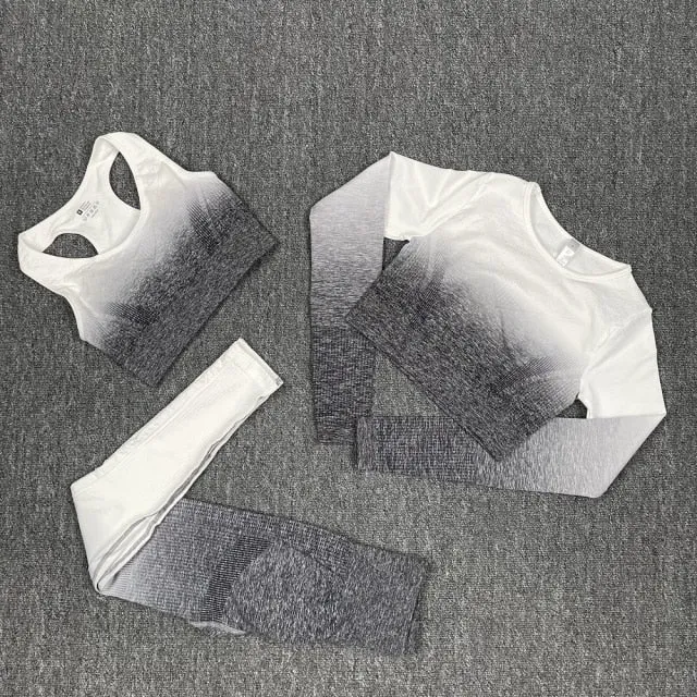 Seamless Grey and White Ombre Padded Sports Bra and Leggings Gym Set