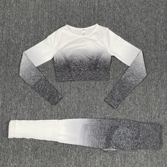 Seamless Grey and White Ombre Padded Sports Bra and Leggings Gym Set