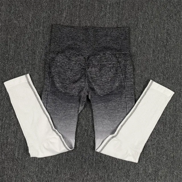 Seamless Grey and White Ombre Padded Sports Bra and Leggings Gym Set