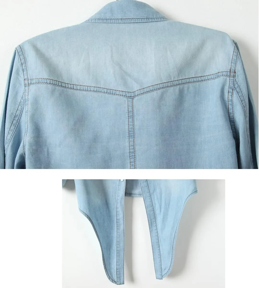 SeekMe Womens Denim Shirts Tie Front Crop Top Button Down Chambray Jean Shirts