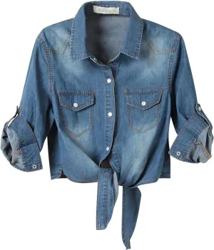 SeekMe Womens Denim Shirts Tie Front Crop Top Button Down Chambray Jean Shirts