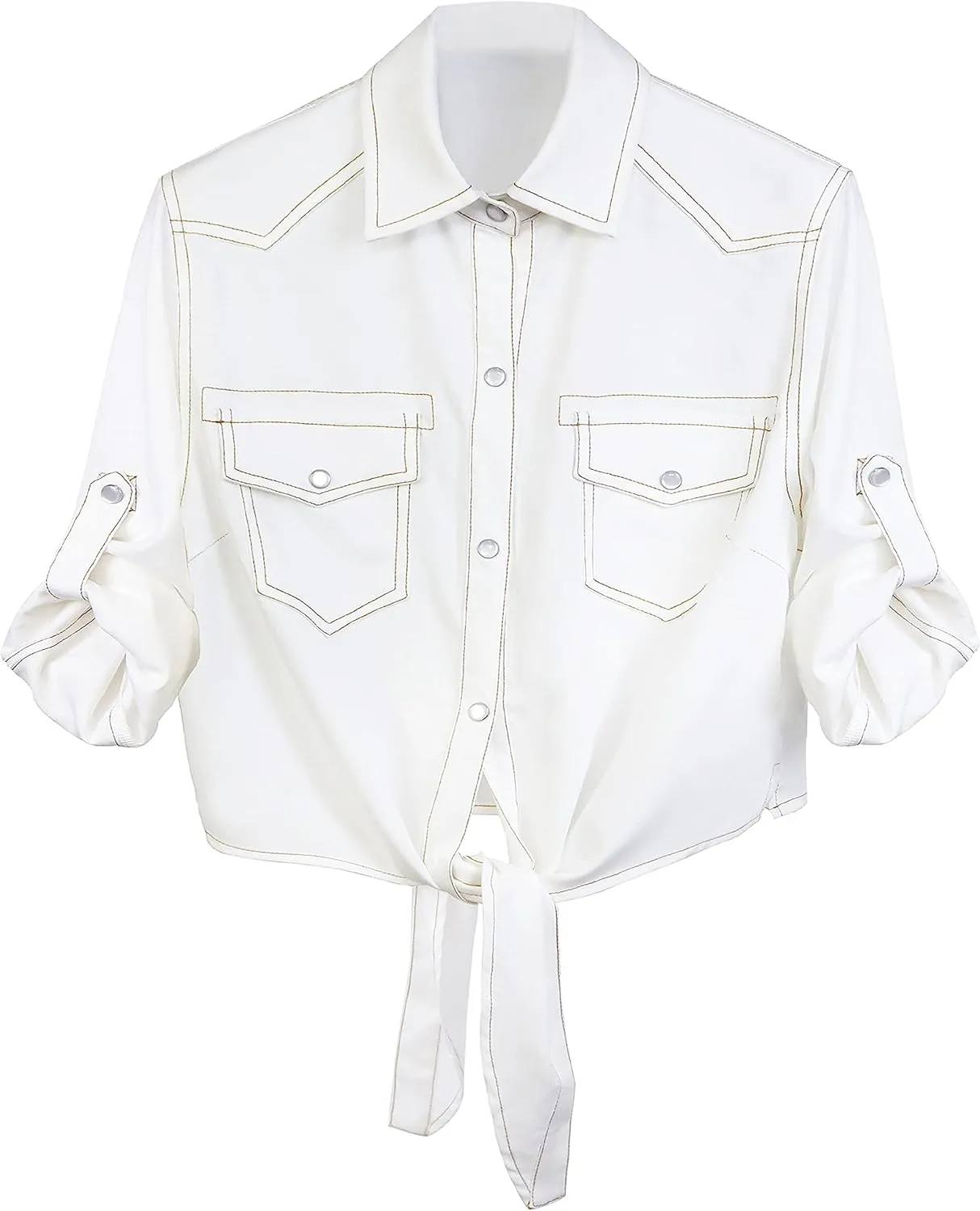 SeekMe Womens Denim Shirts Tie Front Crop Top Button Down Chambray Jean Shirts