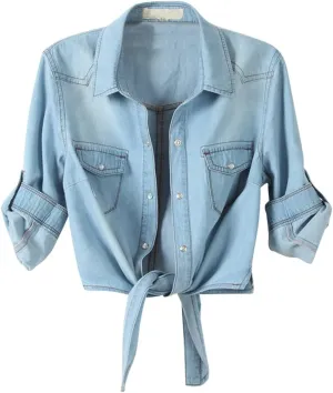 SeekMe Womens Denim Shirts Tie Front Crop Top Button Down Chambray Jean Shirts