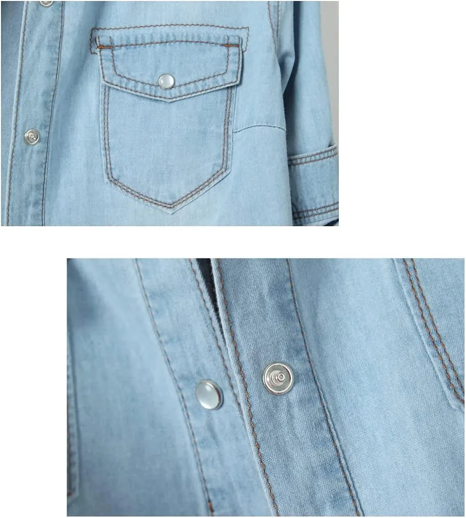 SeekMe Womens Denim Shirts Tie Front Crop Top Button Down Chambray Jean Shirts