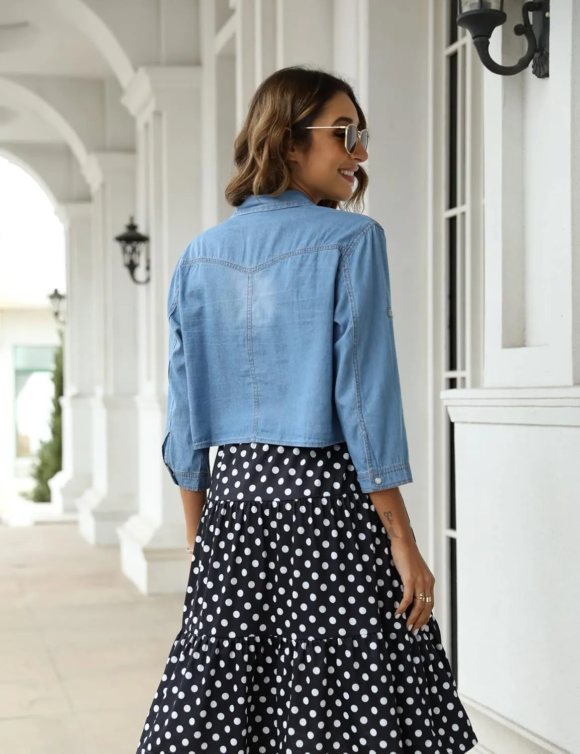 SeekMe Womens Denim Shirts Tie Front Crop Top Button Down Chambray Jean Shirts