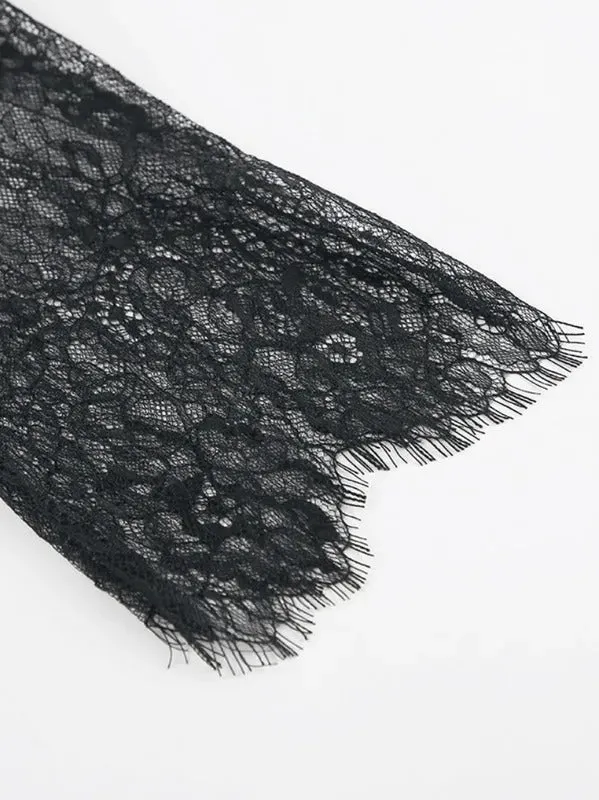 Sexy Black See-through Long Maxi Lace Dresses for Women 2024 O-neck Long Sleeve Hollow Out High Slit Irregular T-shirt Dress