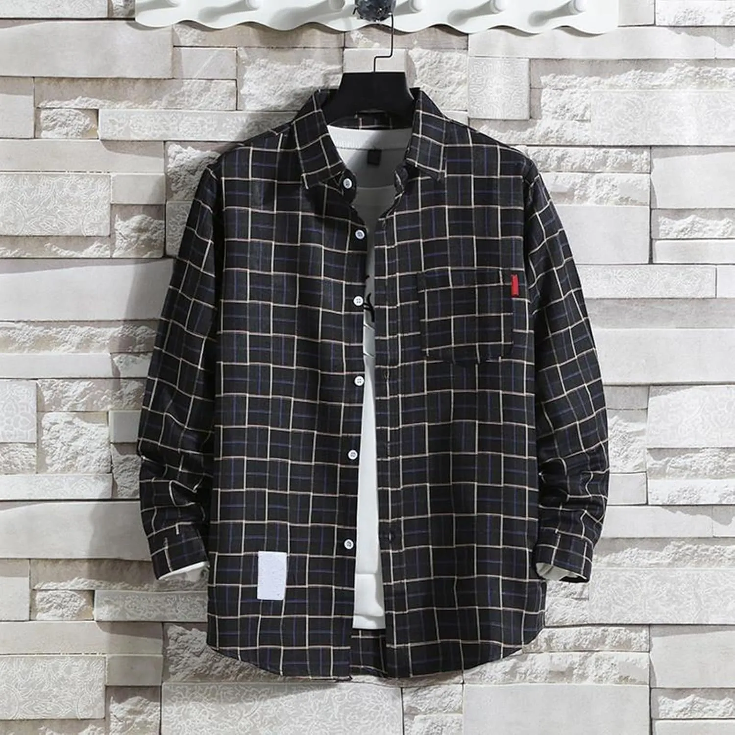 Shirt for Men Long Sleeve Button Up Checked Work Shirts Stylish Spring T Shirts with Pockets Retro Jacket Western