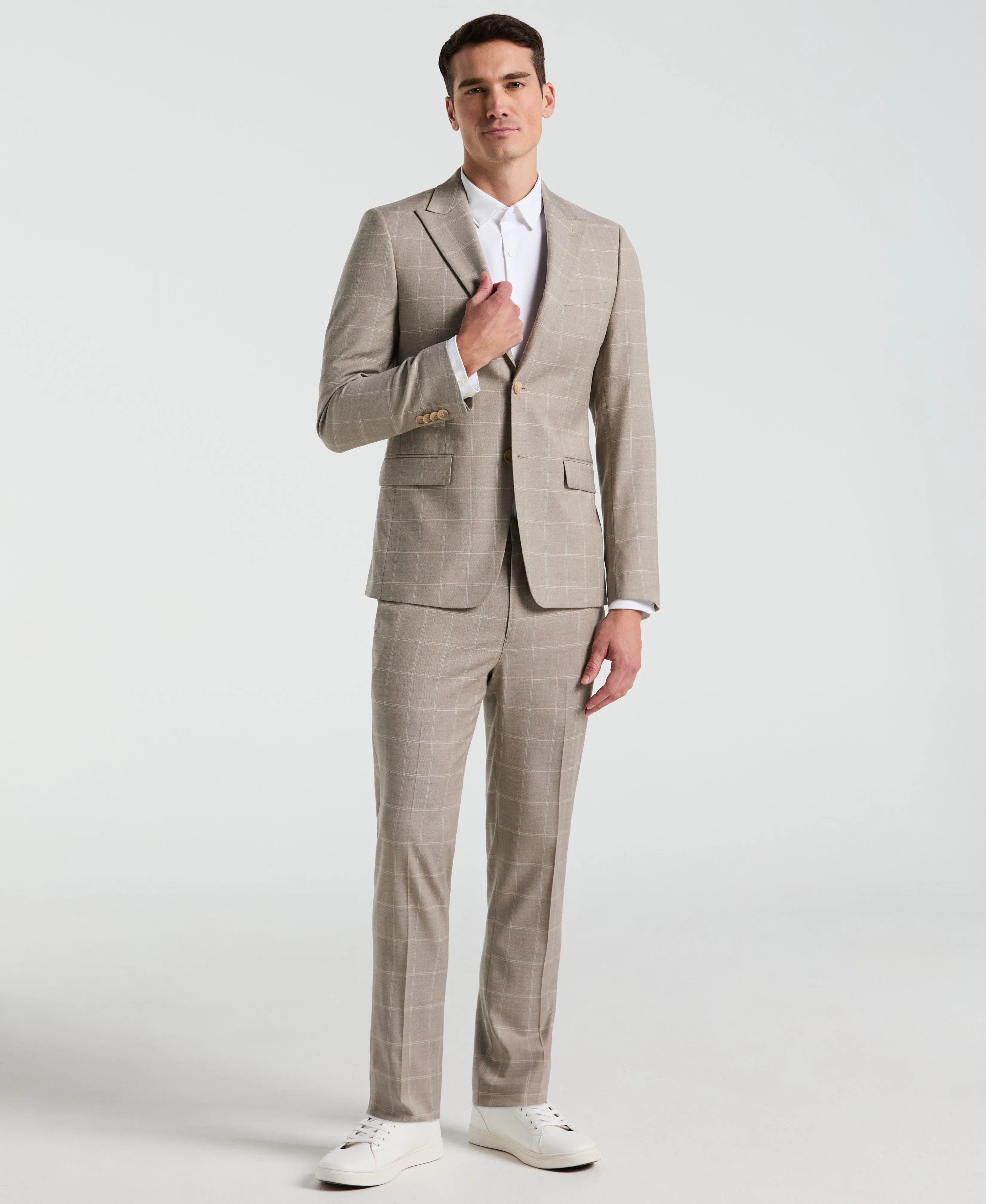 Skinny Fit Tan Windowpane Pattern Suit