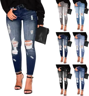 Skinny Jeans for Women Ripped Distressed Raw Hem Denim Stretchy Mid Rise Frayed Stretch Boyfriend Jeans with Pockets