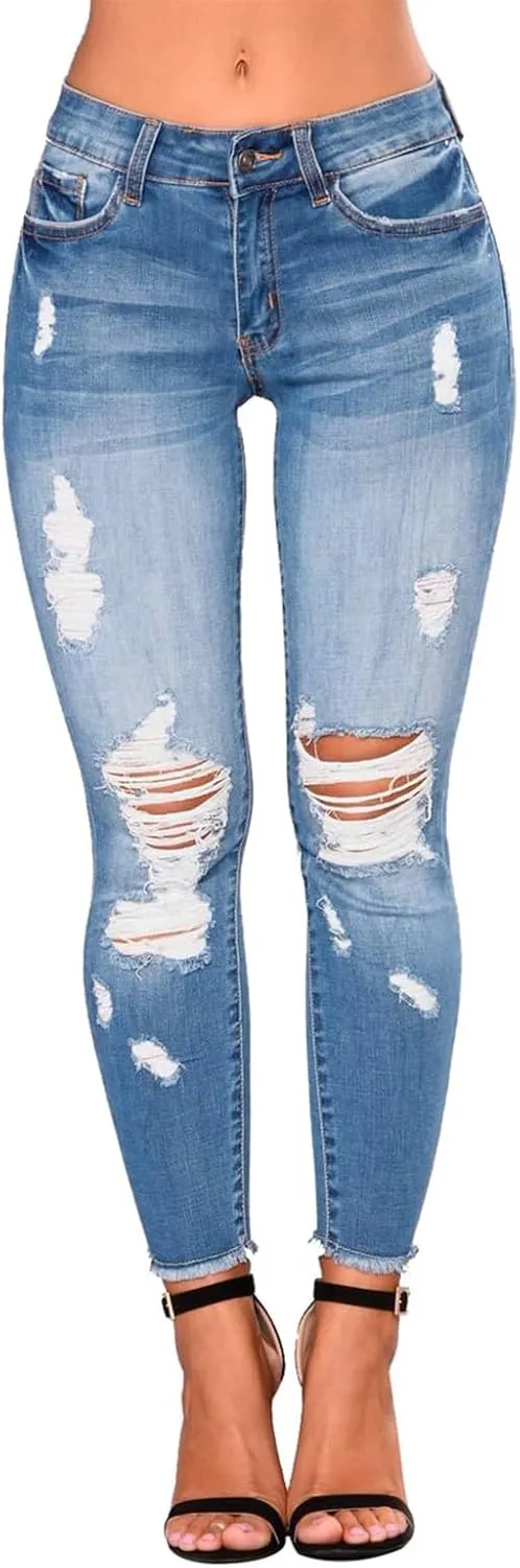 Skinny Jeans for Women Ripped Distressed Raw Hem Denim Stretchy Mid Rise Frayed Stretch Boyfriend Jeans with Pockets