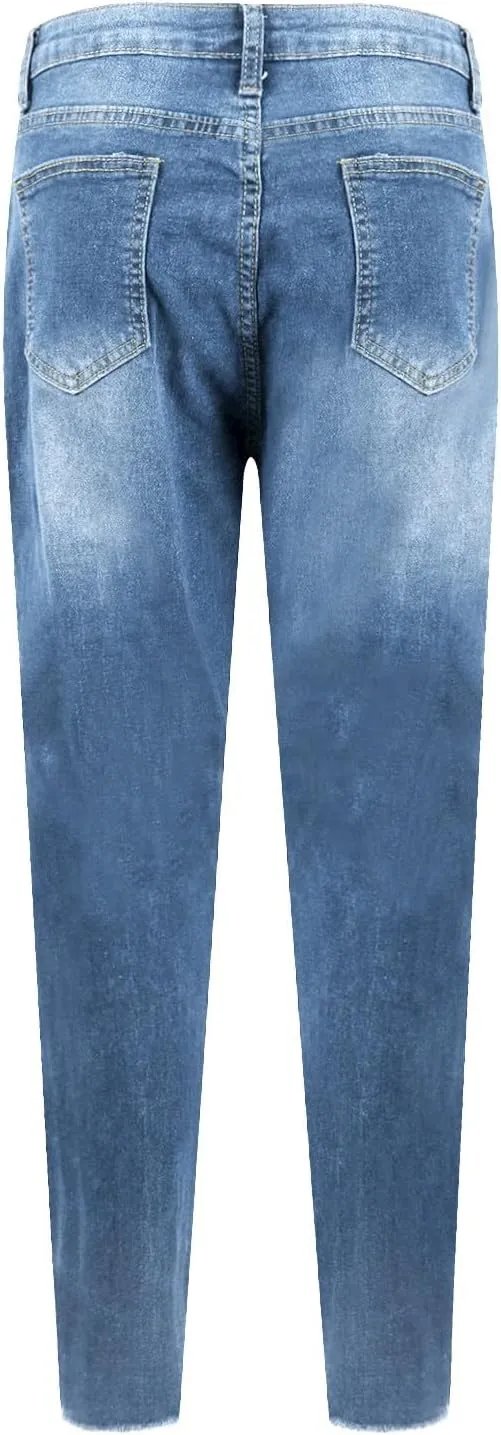 Skinny Jeans for Women Ripped Distressed Raw Hem Denim Stretchy Mid Rise Frayed Stretch Boyfriend Jeans with Pockets