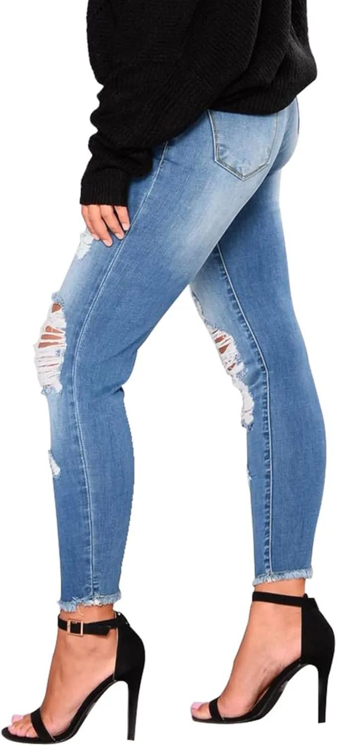 Skinny Jeans for Women Ripped Distressed Raw Hem Denim Stretchy Mid Rise Frayed Stretch Boyfriend Jeans with Pockets